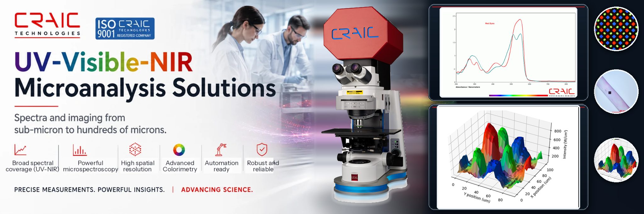 CRAIC UV-Visible-NIR microanalysis solutions — microspectroscopy with live reflectance and Raman spectral analysis, from sub-micron to hundreds of microns.