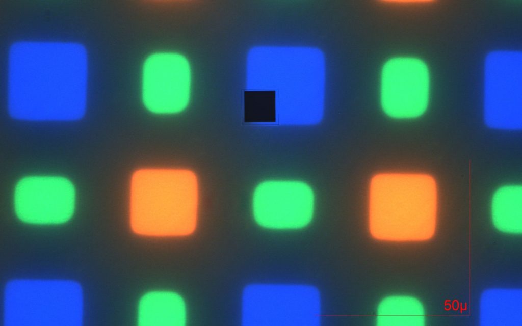 Fluorescence surface map of flat-panel display pixels, measured with a 10 micron sampling spot